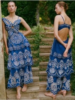 FARM Rio Blue Embroidered Backless Tiered Maxi Dress